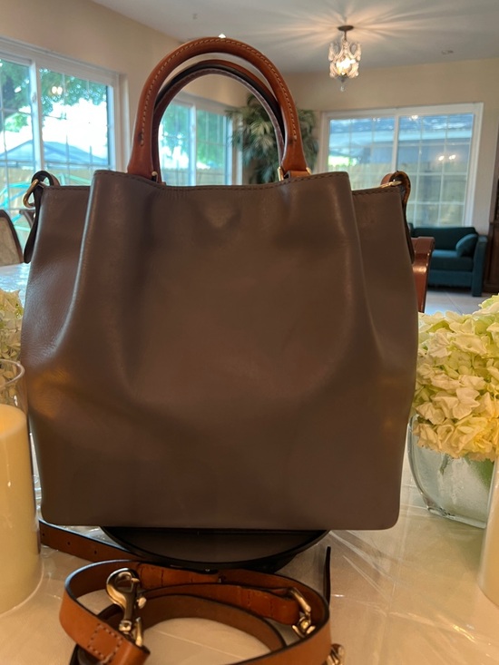 Dooney & Bourke Handbags - Dooney & Bourke Taupe Leather Satchel with Tan Handles & Crossbody Strap